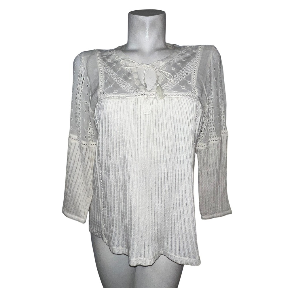 Lucky Brand Ivory Eyelet Lace Peasant Top Tassel Tie Boho Blouse Small